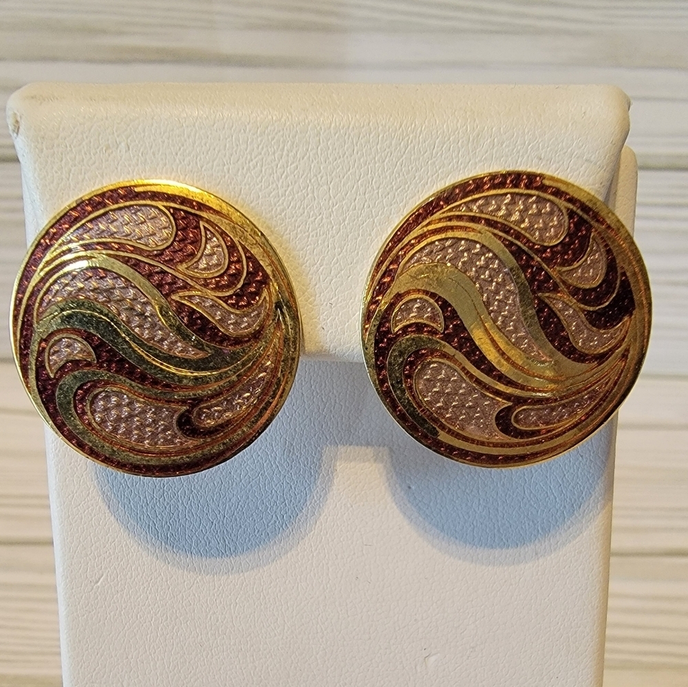 Vintage Roccoco Pink Burgundy Enamel Gold Tone Swirl Pierced Earrings